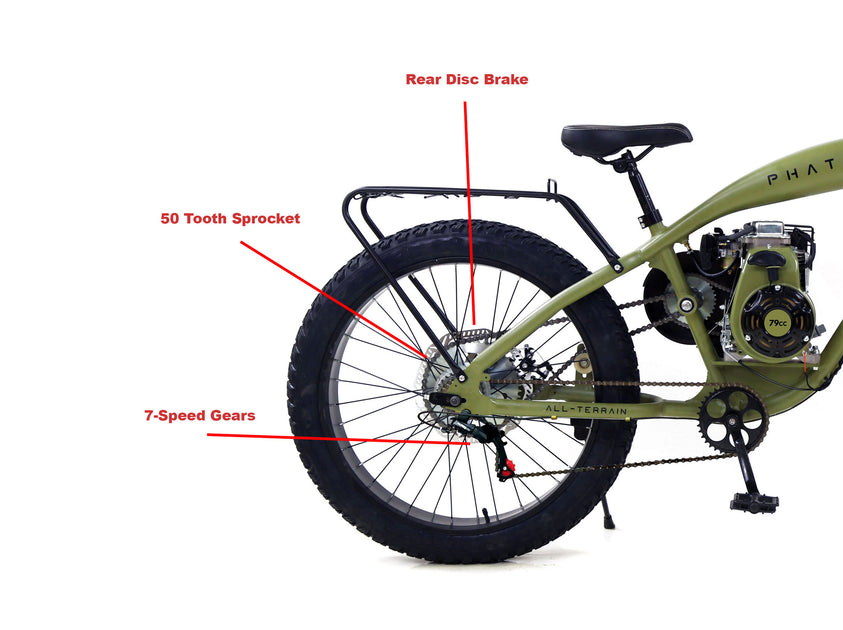 PHATMOTO® ALL TERRAIN Fat Tire 2023 79cc Motorized Bicycle 7-Speed – Phatmoto